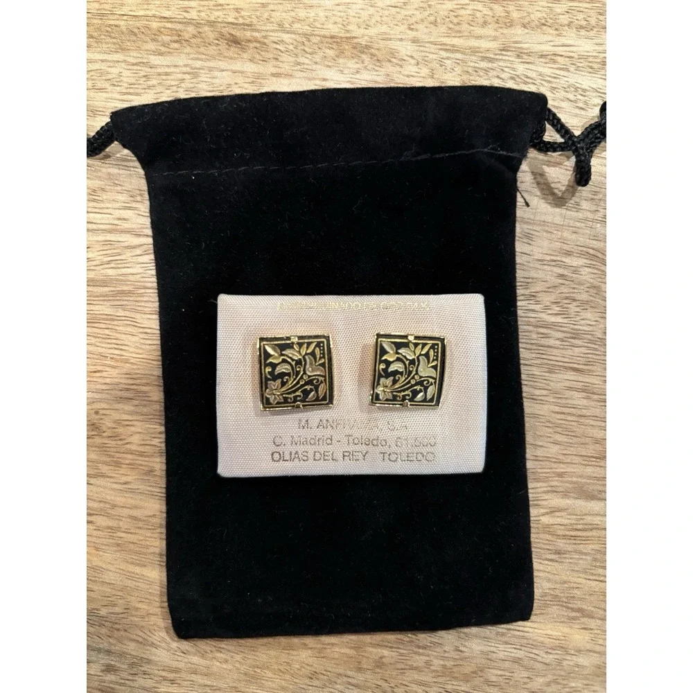 VTG DAMASCENE Madrid Spain Toledo 24k Gold Encrusted Lily Flower Earrings
